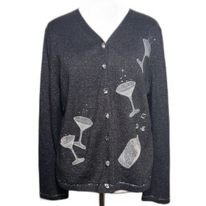 VTG Christina Rotelli Cardigan Sweater Black Martini Cocktail Drink NYE Metallic